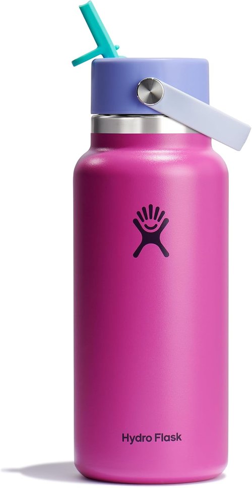 Hydro Flask Water Bottle - Insulated Stainless Steel - 32 Oz Wide Mouth with Flex Straw Lid | Holiday Punch Color