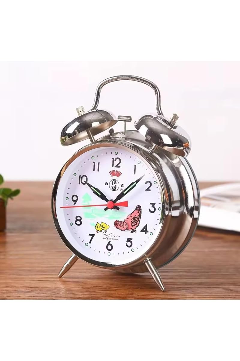 Nostalgic Mechanical Wind-Up Rooster Desk Clock - Large Silver Metal Decor