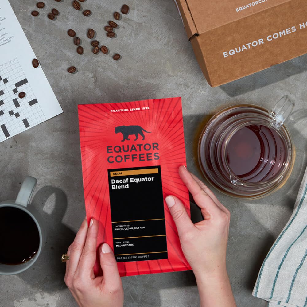 Equator Coffees, Equator Blend Decaf Ground Coffee, Medium Dark Roast, Fresh Roasted, Smooth Chocolate Nutmeg Flavor Notes, Sustainable, Decaffeinated Water Process, 10.5 oz Bag