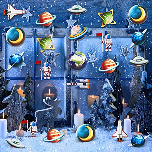 Outer Space Wooden Ornaments for Christmas Tree - Astronaut Theme Decor, 30 Pack