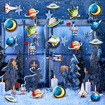 Outer Space Wooden Ornaments for Christmas Tree - Astronaut Theme Decor, 30 Pack