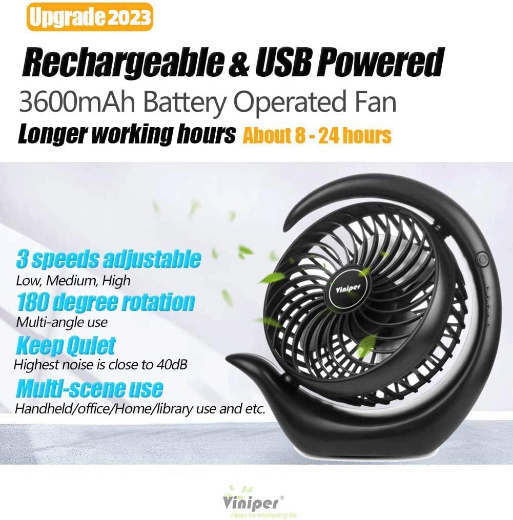 Viniper Portable Rechargeable Fan - Compact 3-Speed Desk Fan with 180° Rotation | 8-24 Hours Battery Life (Black)