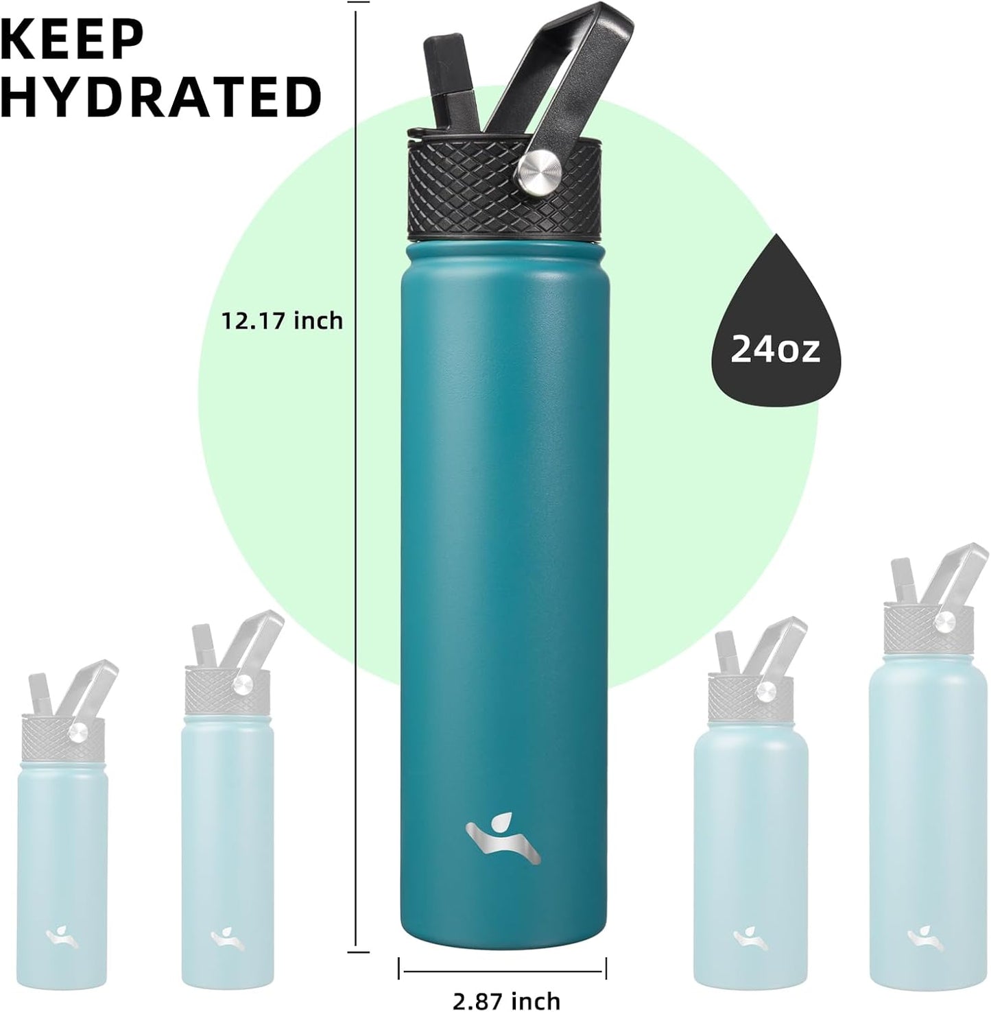 Skiennix Insulated Water Bottle - 24oz Stainless Steel Sport Bottle with 3 Lids | Light Blue