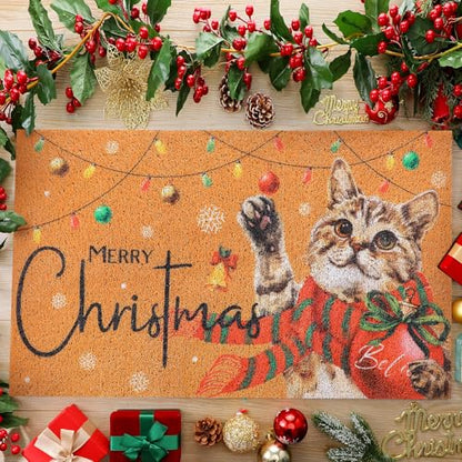 Christmas Welcome Door Mat 18x30 Coir Rug with Red Cat Design - Festive Outdoor Decor