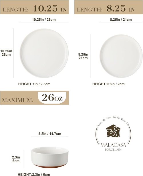 MALACASA 12-Piece Stoneware Dinnerware Set - Modern Ceramic Plates & Bowls for 4 | Microwave & Dishwasher Safe, White, TARA Series