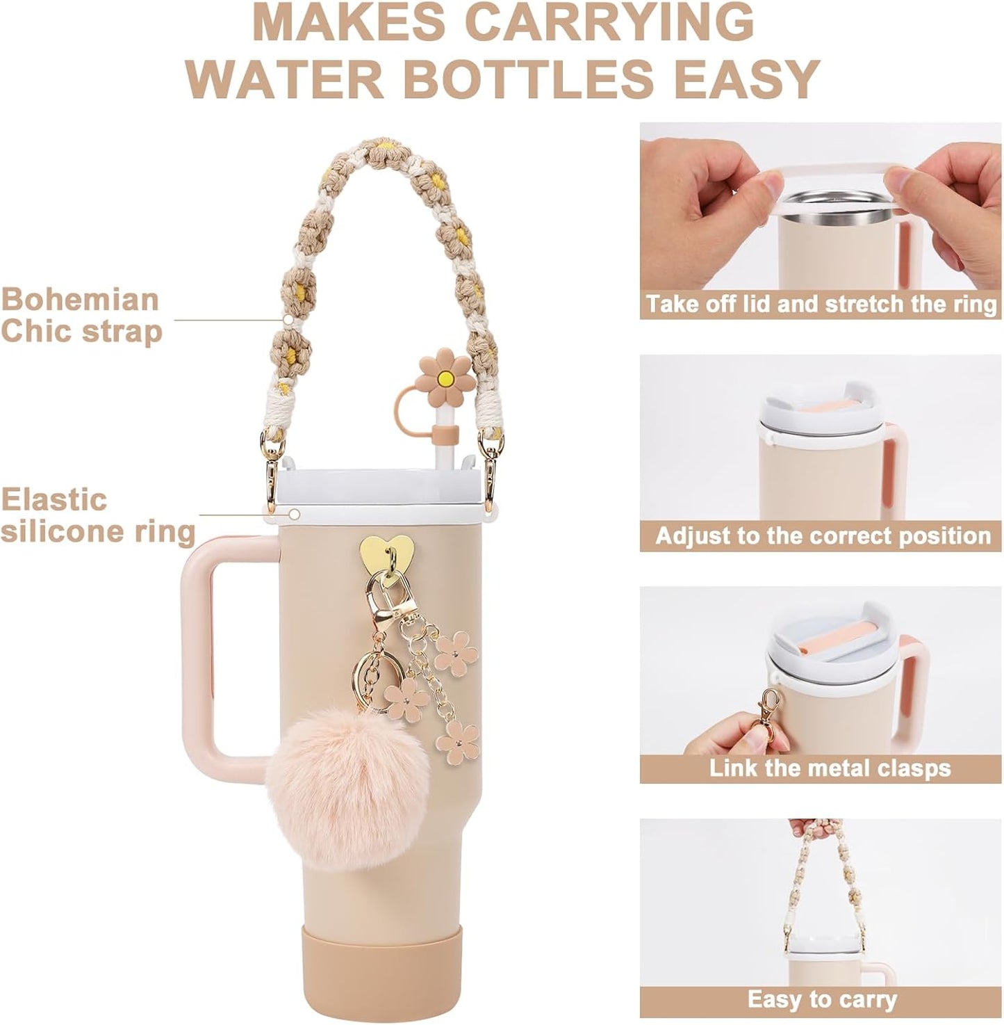 Stanley Cup Accessories Set - Water Bottle Handle Strap, Silicone Boot & Straw Cover for 40oz/30oz Tumbler