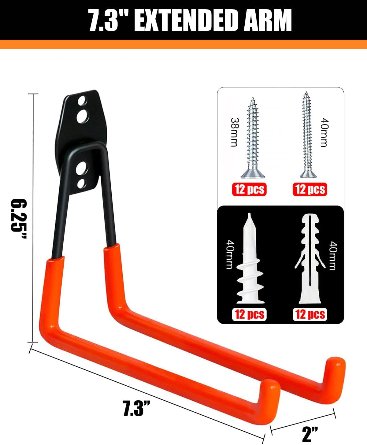WMK Heavy Duty Garage Hooks - 7.3'' Wall Mount Storage Solution for Tools, Bikes & Ladders | 6 Pack (Orange)