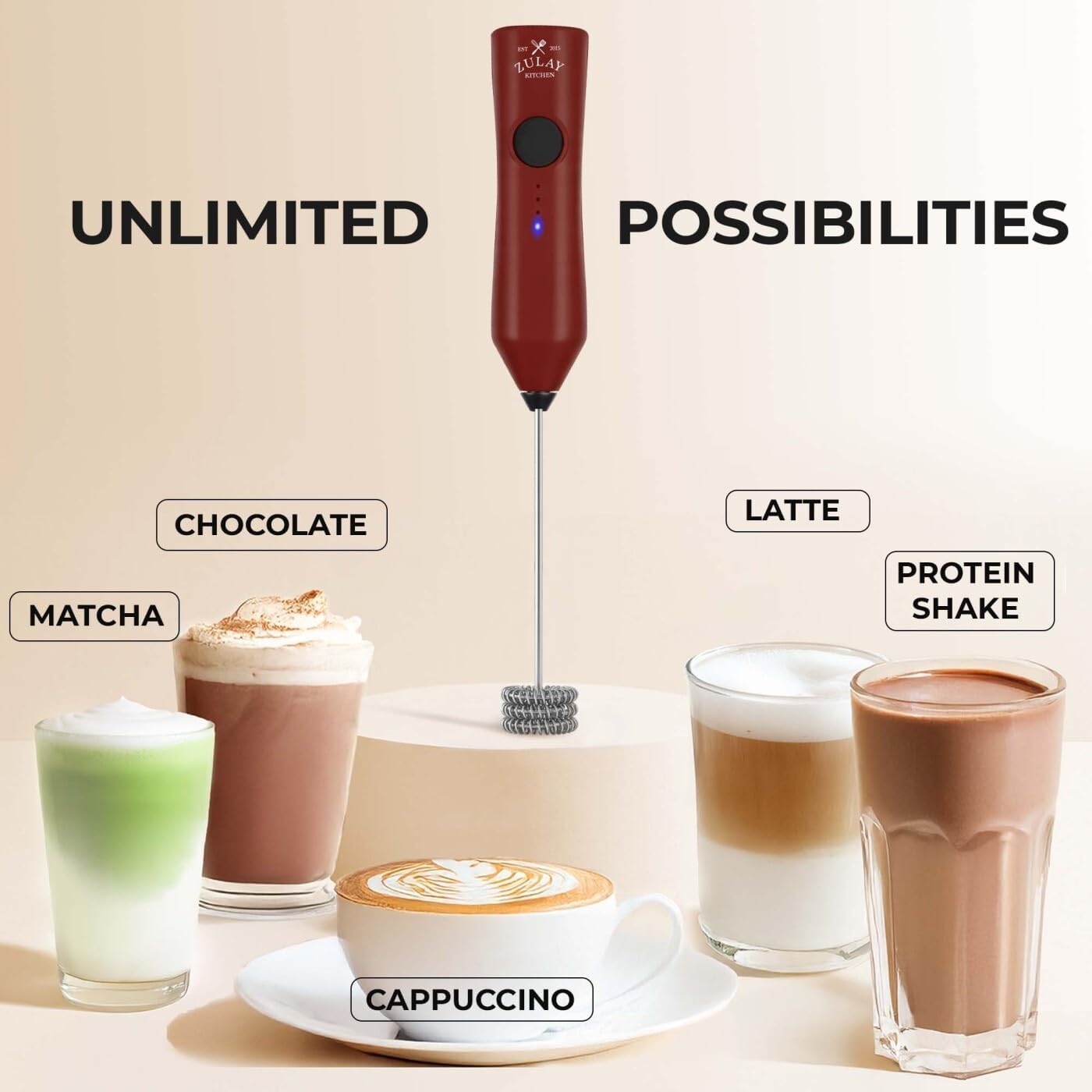 Zulay Kitchen Rechargeable Milk Frother - Dynamic - 3 Speeds, 3 Whisk Attachments, 500 mAh USB Charging, Drink Mixer For Latte, Cappuccino, Matcha, Protein Powder, Coffee Foam - Red Black
