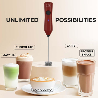 Zulay Kitchen Rechargeable Milk Frother - Dynamic - 3 Speeds, 3 Whisk Attachments, 500 mAh USB Charging, Drink Mixer For Latte, Cappuccino, Matcha, Protein Powder, Coffee Foam - Red Black