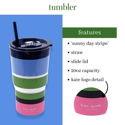 Kate Spade New York 20 Ounce Insulated Tumbler for Cold and Hot Drinks with Reusable Straw, Stainless Steel Travel Cup with Slide Top Lid (Sunny Day Stripe)