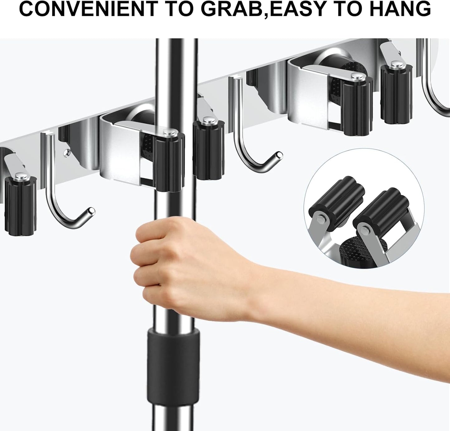 Nacena Broom Holder Wall Mount - Heavy Duty Stainless Steel Mop Hanger with 4 Racks & 5 Hooks | Silver