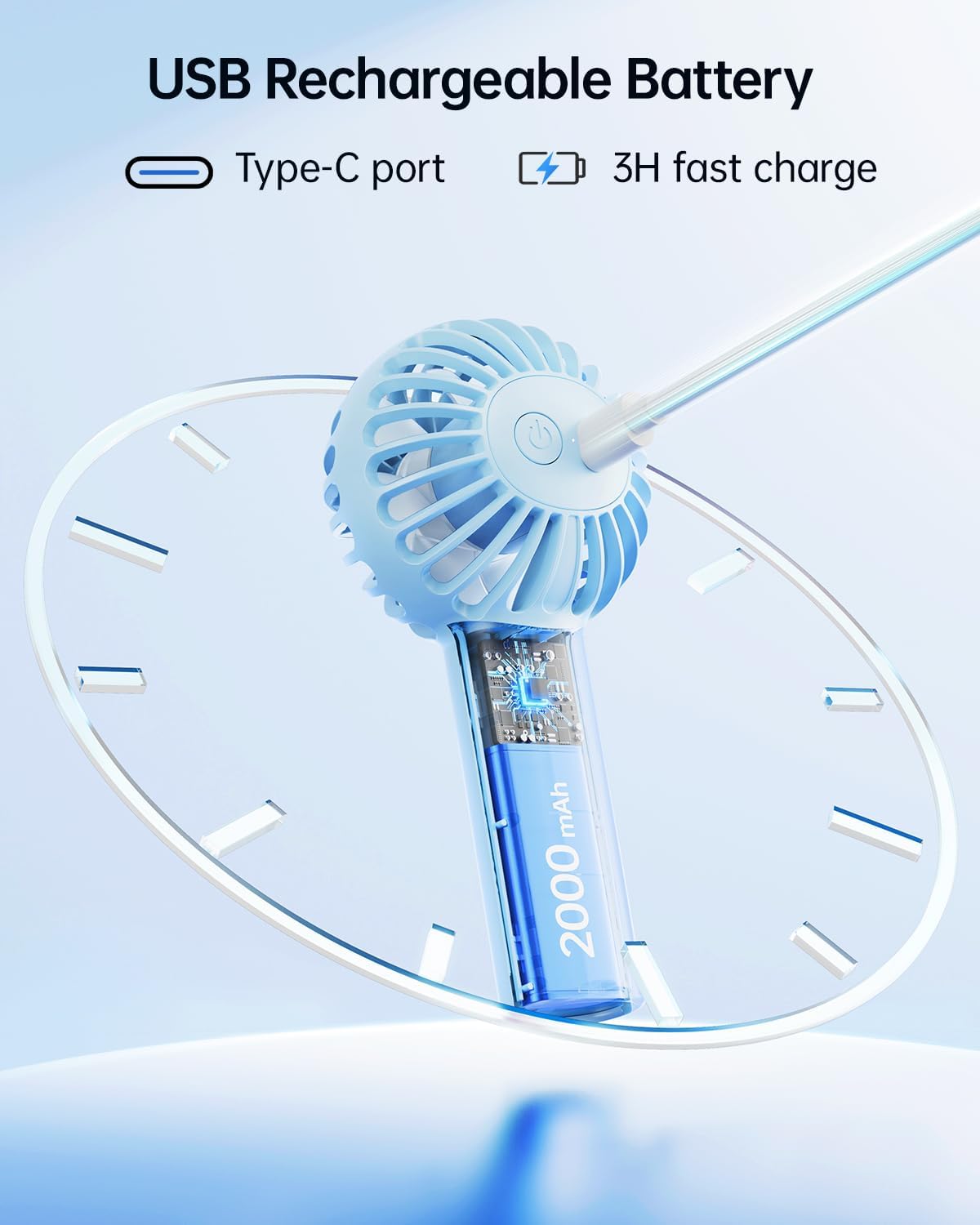 Sweetfull Mini Portable Fan - Rechargeable Handheld Fan with 3 Speeds | Cute Light Blue Design for Travel & Makeup