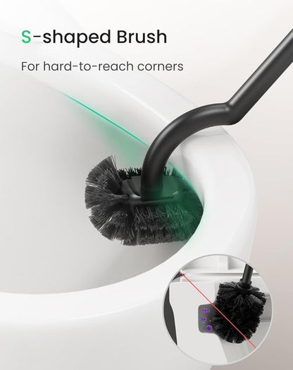 Cesun Toilet Brush Set - Curved Design for Deep Cleaning | 304 Stainless Steel Holder, Black, 2 Replaceable Heads