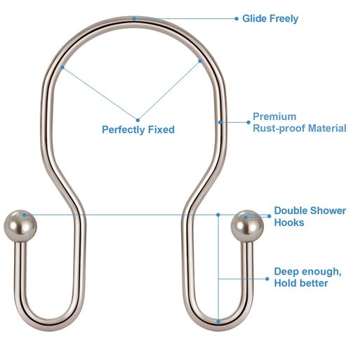 24 Pack Double Shower Curtain Hooks Rings, TENOVEL Double Sided Shower Curtain Hooks Rust Proof for Shower Curtain, Stainless Steel Bathroom Shower Hangers Rings for Shower Rods, Brushed Nickel