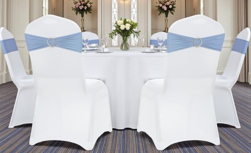 MDS Premium Spandex Chair Sashes - 50 Pack Stretch Covers with Buckle Slider | Baby Blue for Weddings & Events