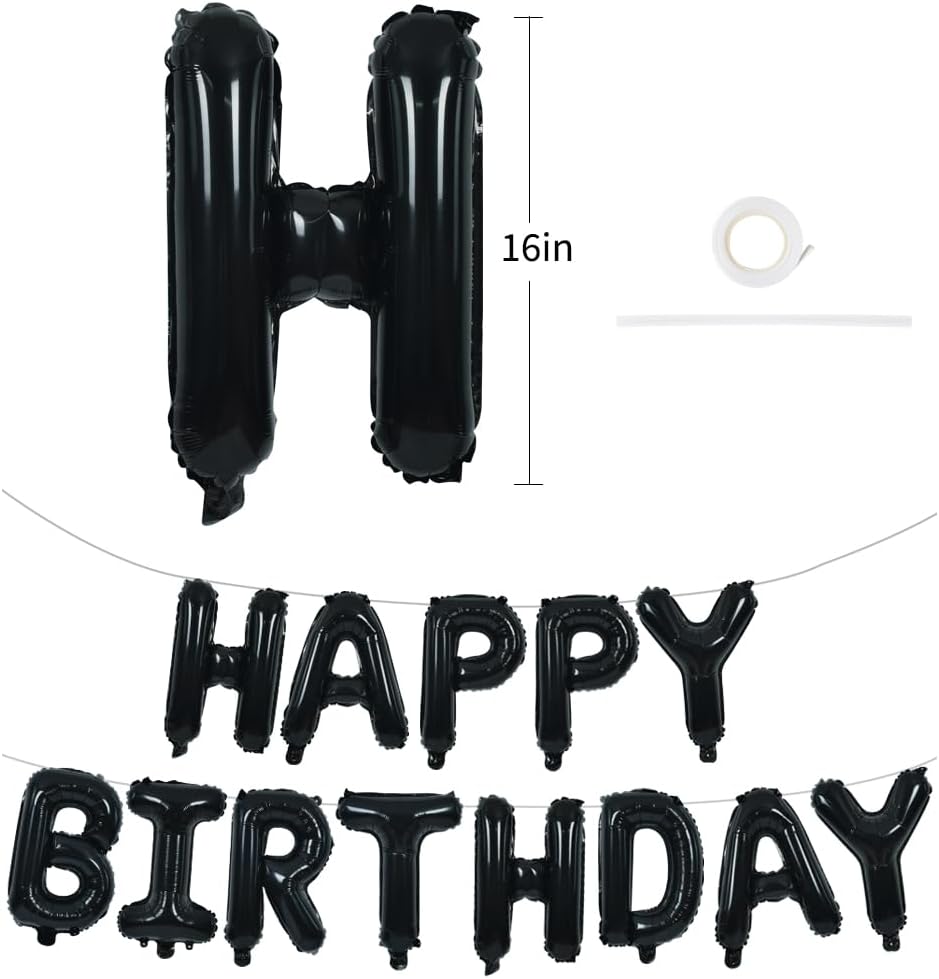 TONIFUL Black Happy Birthday Balloons Banner - 16 Inch Mylar Foil Letters for Adult Celebrations