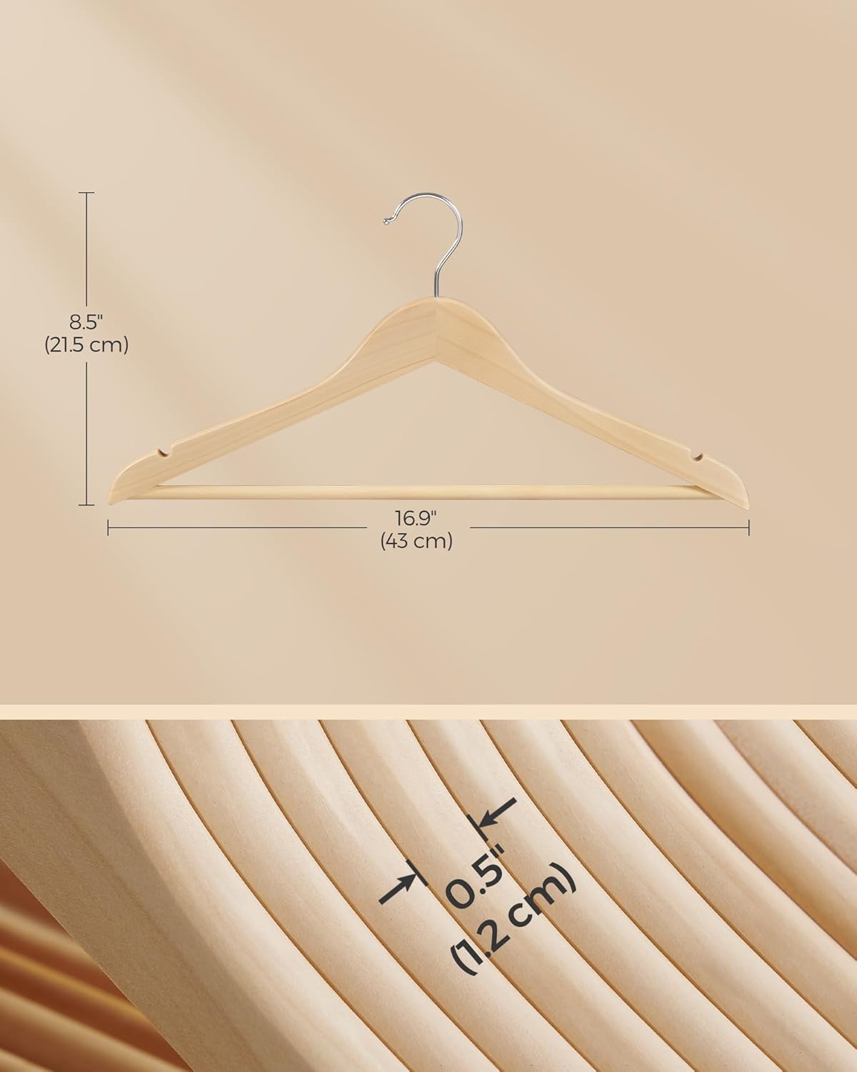 SONGMICS Wooden Hangers - Non-Slip Coat Hangers with Pants Bar & 360° Swivel Hooks | Pack of 24