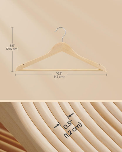 SONGMICS Wooden Hangers - Non-Slip Coat Hangers with Pants Bar & 360° Swivel Hooks | Pack of 24