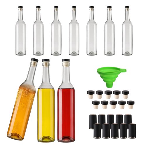 10 Pack 750 ml Clear Glass Bottles With T-top Caps & Seal Shrink Capsules, 25 oz Empty Wine Bottles with Funnel for Wine, Beverages, Juice & Kombucha
