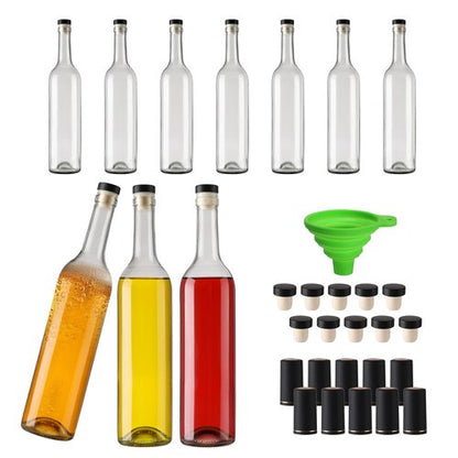 10 Pack 750 ml Clear Glass Bottles With T-top Caps & Seal Shrink Capsules, 25 oz Empty Wine Bottles with Funnel for Wine, Beverages, Juice & Kombucha