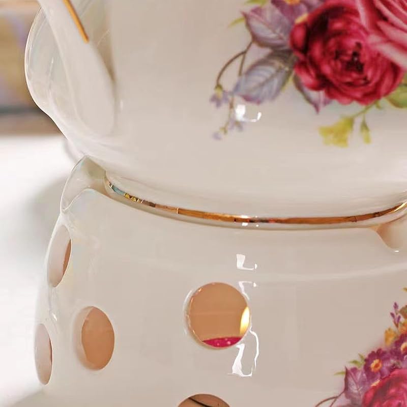 Noble Rose Ceramic Tea Set Gift by Scizorito – 29oz Teapot, 4 cups & Heater