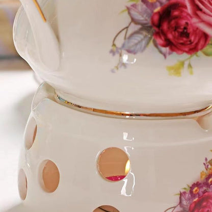 Noble Rose Ceramic Tea Set Gift by Scizorito – 29oz Teapot, 4 cups & Heater