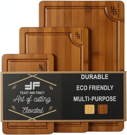 Bamboo Cutting Board Set by [Brand Name] - 3-Piece Wooden Chopping Boards with Juice Grooves & Handles