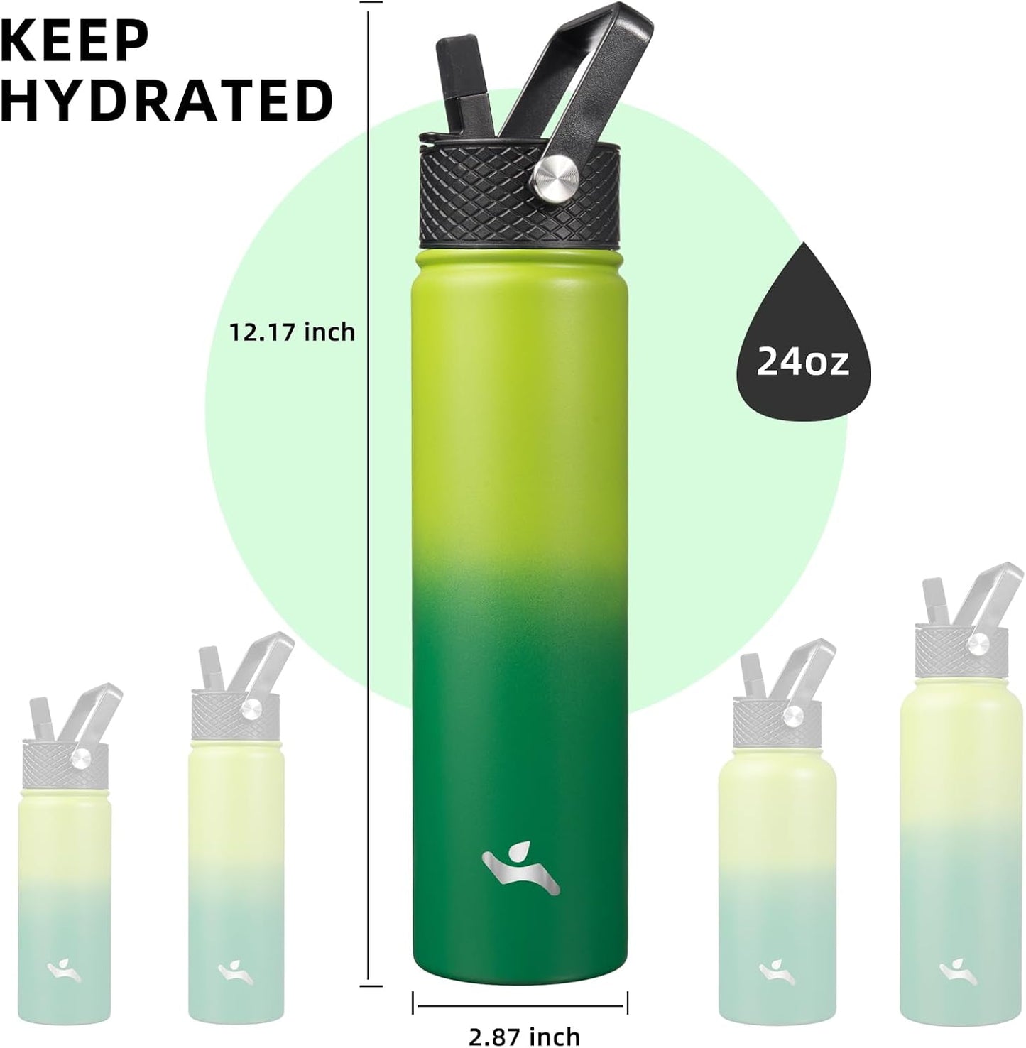 Skiennix Insulated Water Bottle - 24oz Stainless Steel Sport Bottle with 3 Lids | Bamboo Grove Design