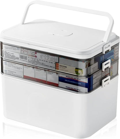 Skiennix 3-Tier Medicine Organizer - Portable Medical Cabinet with Handle & Snap Locks, Includes 6-Compartment Pill Storage