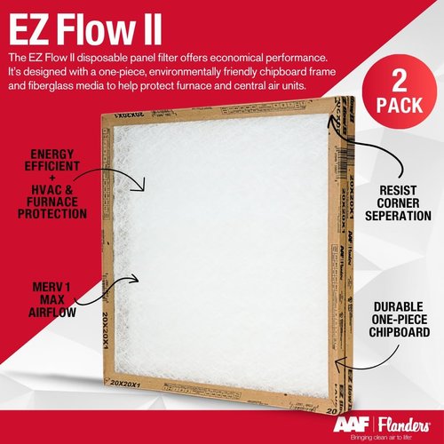 Flanders EZ-Flow II 20x20x1 Air Filters - MERV 1, High-Airflow, Energy-Efficient Fiberglass Media (2-Pack)