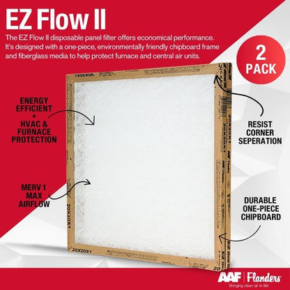Flanders EZ-Flow II 20x20x1 Air Filters - MERV 1, High-Airflow, Energy-Efficient Fiberglass Media (2-Pack)