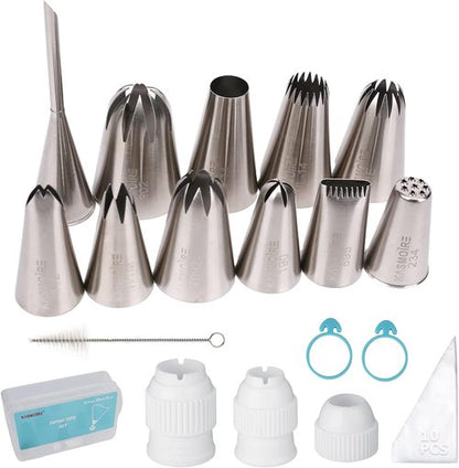 Kasmoire 11-Piece Extra Large Stainless Steel Piping Tip Set | Professional Cake Decorating Nozzles
