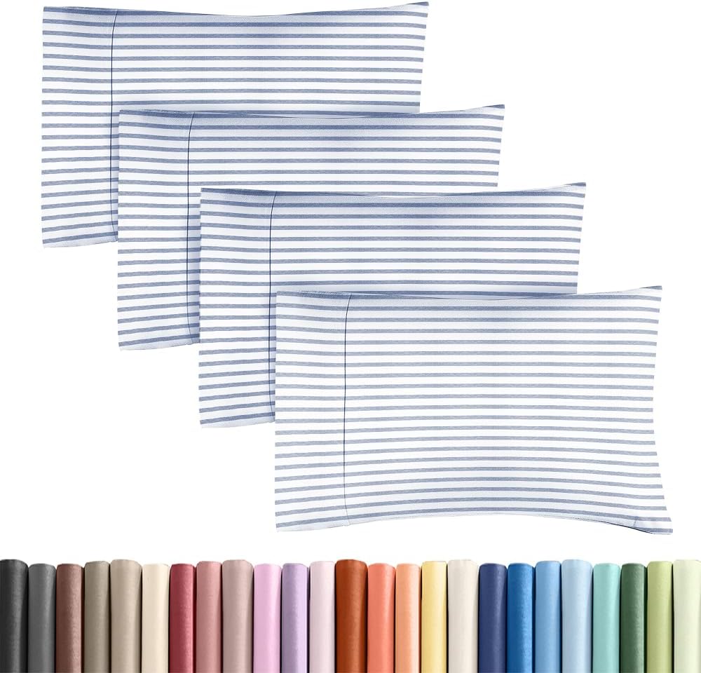 Skiennix Standard Pillow Cases Set of 4 - Soft Hotel Quality Covers - Machine Washable Blue Stripes