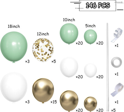 MEBAY Balloon Garland Arch Kit - Sage Green & White Gold | 146 Pcs Latex Balloons in Various Sizes for Birthday, Baby Shower, Wedding Decor