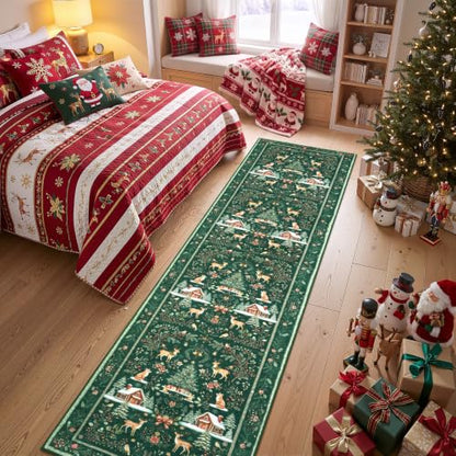 Green Christmas Runner Rug 2x10 Non Slip Washable Hallway Entryway