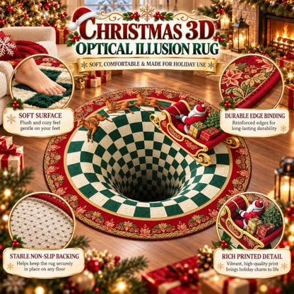 Christmas 3D Optical Illusion Rug - Santa Claus Holiday Decor, Round Non-Slip Mat (D)