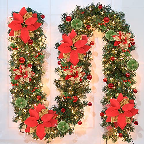 9Ft Pre-lit Christmas Garland with LED Lights Battery Operated Decorative Wreath for Indoor Outdoor Holiday Decor