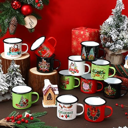 12-Pack Christmas Enamel Coffee Mugs - Holiday Camping Cups 12 oz