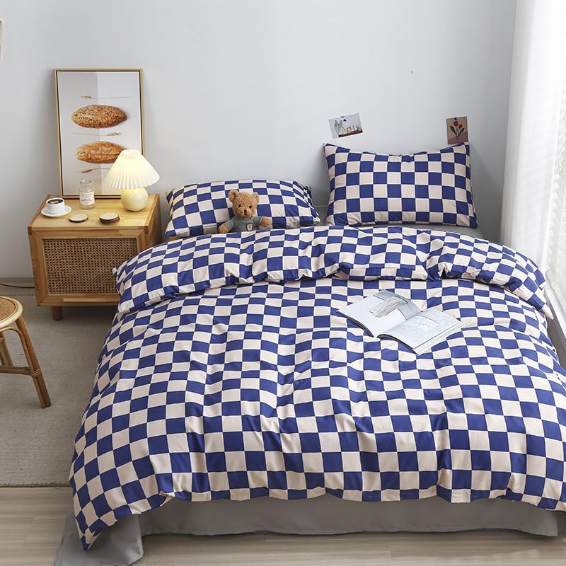 Luxlovery Blue Plaid Comforter Set Cal King Blue Grid Bedding Comforter Set California King Check Buffalo Modern Chic Blanket Soft Breathable Bright Blue Geometric Abstract Bedding Set