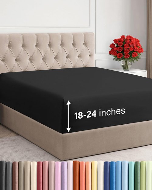 Extra Deep Full Fitted Sheet - Hotel Luxury Single Fitted Sheet Only - Easily Fits 18 inch to 24 inch Mattress - Ultra Soft, Wrinkle Free w/Extra Deep Pockets - Easy-Care, Breathable & Comfy - Black