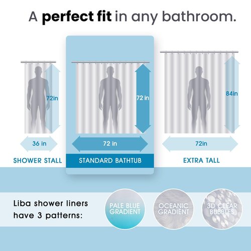 LiBa PEVA Shower Curtain Liner with 12 Plastic Shower Rings - 8G Waterproof Shower Liner, Pale Blue Gradient Weighted Bathroom Curtain, 72x72 Inch Shower Curtain Liner Set with Magnets