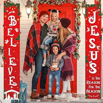 Religious Christmas Porch Banner - Nativity Scene Believe Jesus Tree