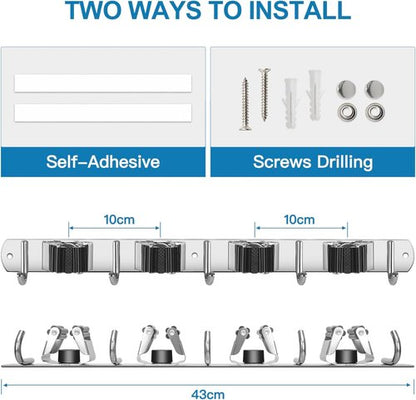 IMILLET Wall-Mounted Broom Holder - Heavy-Duty Stainless Steel Organizer for Home & Garage | 4 Racks & 5 Hooks
