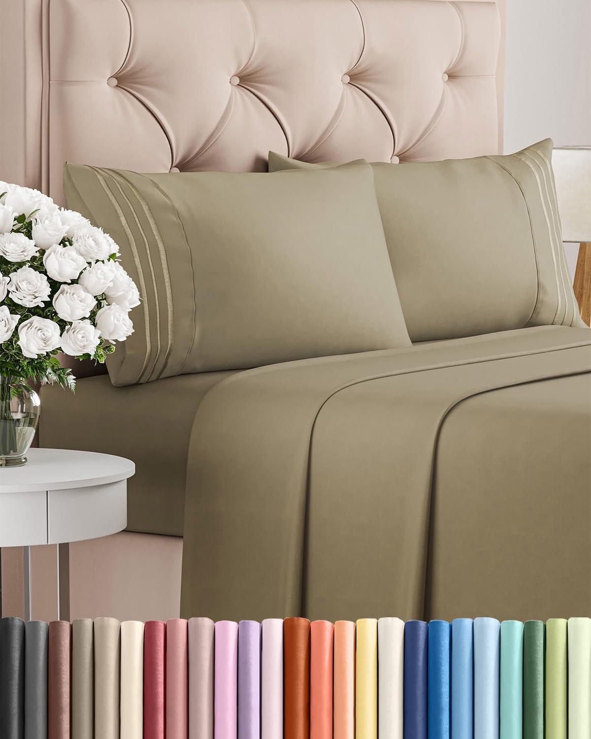 Skiennix Full Size 4-Piece Sheet Set - Ultra-Soft Cooling Bedding - Deep Pockets, Wrinkle-Free - Khaki