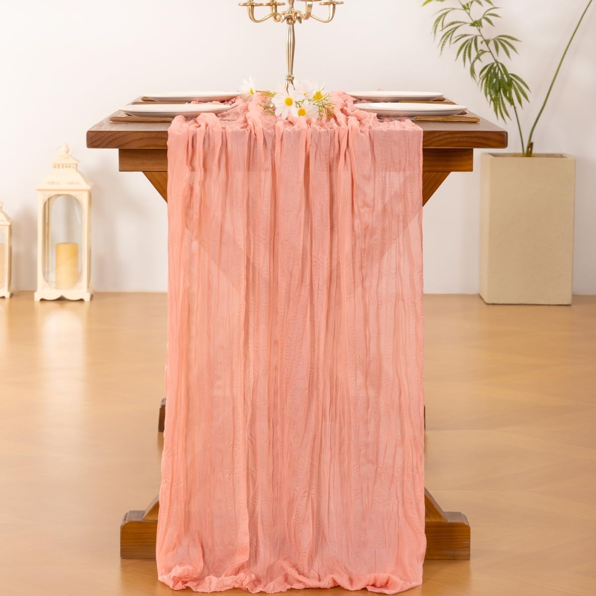 Socomi Cheesecloth Table Runner - Coral Peach Boho Rustic Design | 120 Inch for Weddings & Events