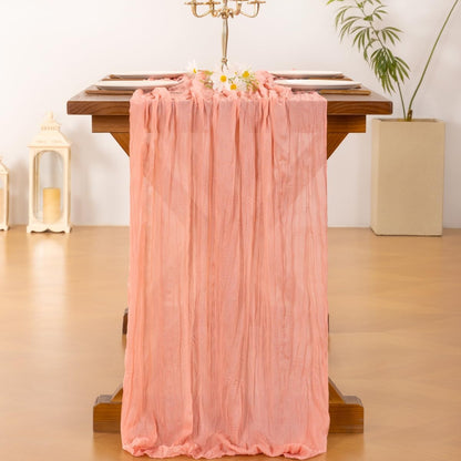 Socomi Cheesecloth Table Runner - Coral Peach Boho Rustic Design | 120 Inch for Weddings & Events
