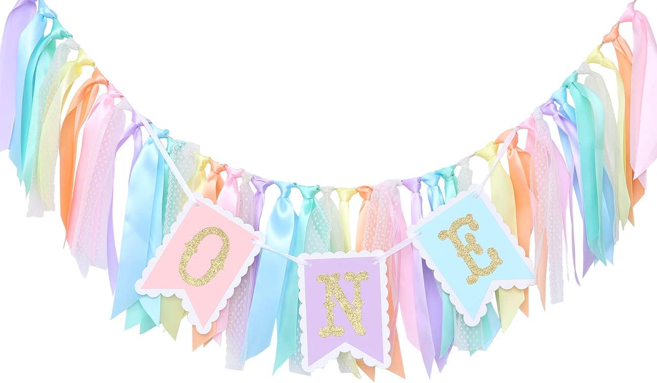 Rainbow High Chair Banner - Colorful 1st Birthday Photo Prop for Baby Girl Cake Smash | Macaron Colors