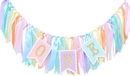 Rainbow High Chair Banner - Colorful 1st Birthday Photo Prop for Baby Girl Cake Smash | Macaron Colors