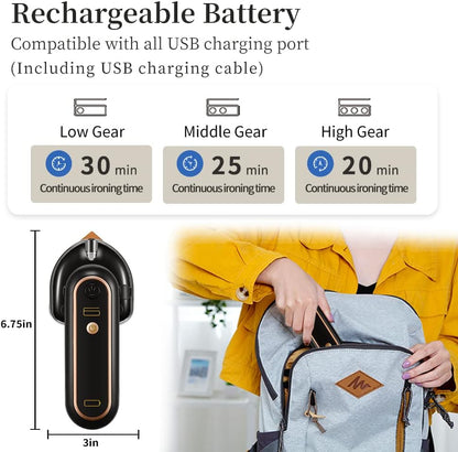 Skiennix Cordless Mini Iron - Portable Travel Steam Iron with 3 Temperature Settings | USB Rechargeable, Black