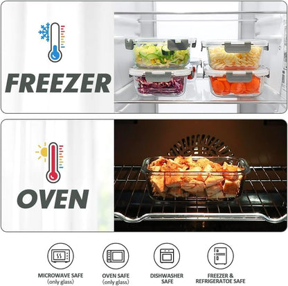 VERONES Glass Food Storage Containers Set - 12 Airtight Meal Prep Containers with Lids | BPA-Free, Microwave & Oven Safe, Grey